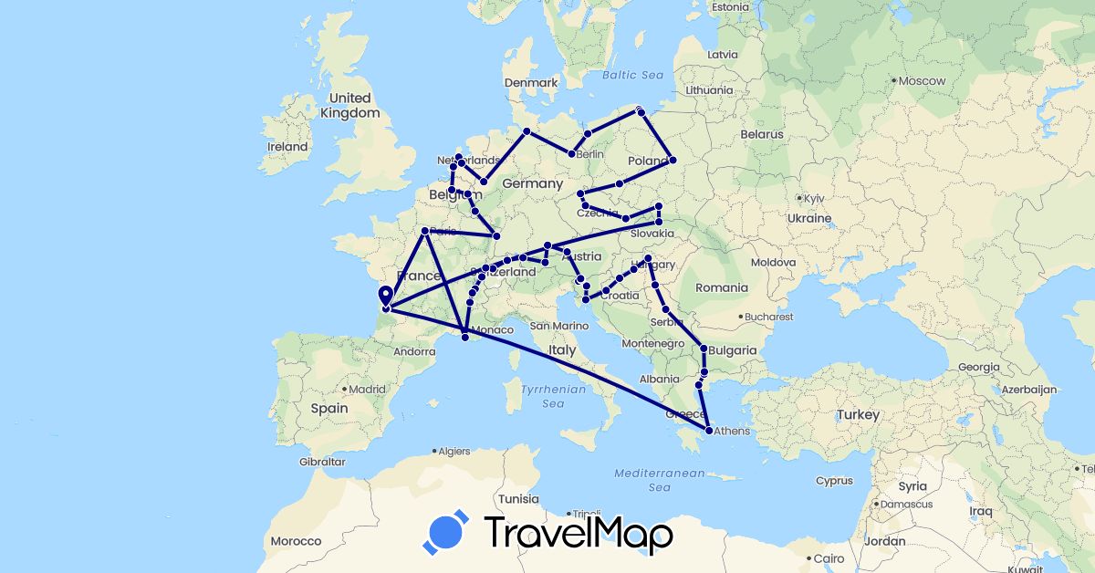 TravelMap itinerary: driving in Austria, Belgium, Bulgaria, Switzerland, Czech Republic, Germany, France, Greece, Croatia, Hungary, Luxembourg, Netherlands, Poland, Serbia, Slovenia (Europe)